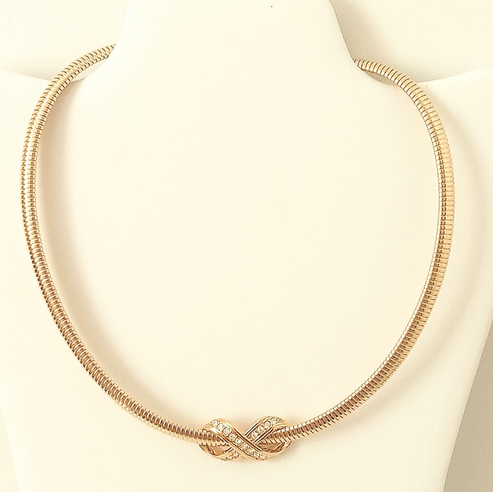Vintage Gold Tone Omega Necklace Floater Rhinestone Pendant